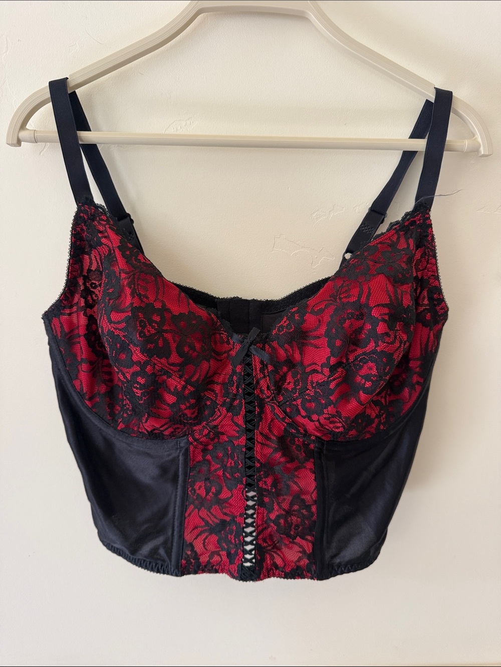 VINTAGE SOLANGE WHIMSIGOTH RED/BLACK LACE CORSET BRA SIZE 40D SEXY LIMGERIE